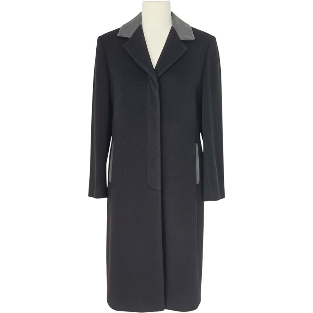 Cinzia Rocca Women Saks 5th Ave Black Wool Cashmere Long Coat Leather Trim Italy